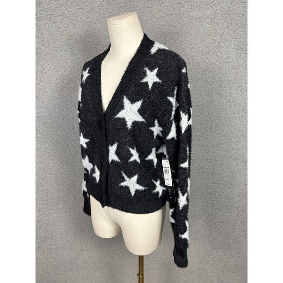 Madden Girl Juniors' Star Print Novelty Eyelash Button-Front Sweater Black S NWT - Picture 4 of 8